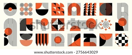 Mid century modern abstract geometric shapes vector set in burnt orange, black, taupe, and beige. Minimal retro design collection for posters, branding, packaging, wall art, and social media.