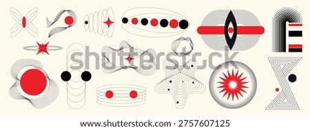 Mid century modern abstract geometric element set vector with line art shapes, circles, wave forms, and retro minimal compositions. Modern decorative design collection for branding, posters, covers.