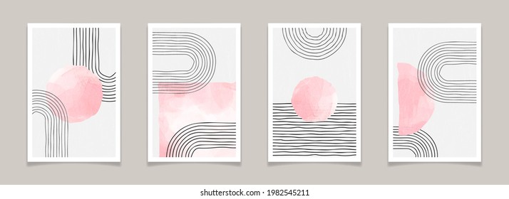 Mid century modern abstract minimal posters with lines and watercolor elements. Trendy geometric backgrounds for wall decoration, brochure cover. Contemporary vector illustration of modern prints.