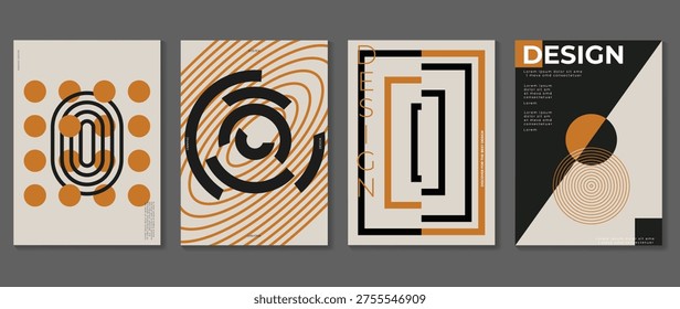 Mid century modern abstract poster set for home decor. Geometric retro wall art with black, ochre, and beige shapes for contemporary interior decoration.