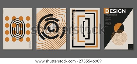 Mid century modern abstract poster set for home decor. Geometric retro wall art with black, ochre, and beige shapes for contemporary interior decoration.