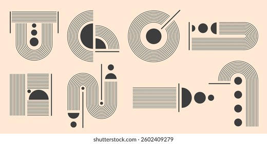 Mid century modern arch shapes - abstract geometric elements with lines, curves, circles. Minimal retro graphic design kit, vintage silhouettes, architectural details. Black linear vector set.