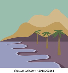 Mid century modern art. Abstract minimalist landscape with, sea waves, beach, palms and mountains. Summer seascape pattern background. Vector flat illustration.