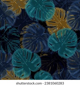  Mid Century Modern Art design for paper, cover, fabric, interior decor, and other users. Tropical palm Seamless vector wallpaper on dark background.