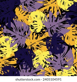  Mid Century Modern Art design for paper, cover, fabric, interior decor, and other users. Tropical palm Seamless vector wallpaper on dark background.