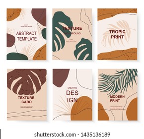 Mid century modern art print card templates with tropical leaves and lines.