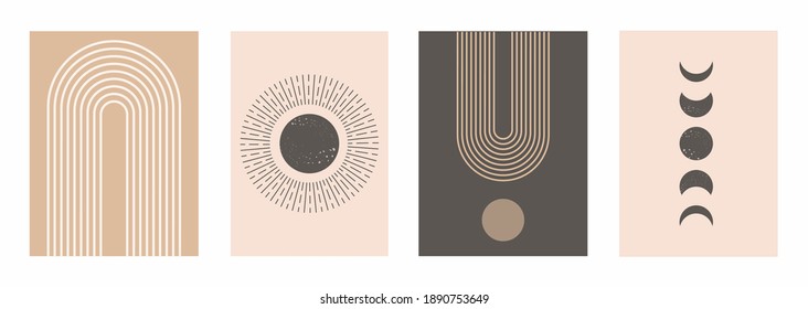 Mid Century Modern Art Print Set of 4, Neutral Beige Geometric Wall Art, Sun, Moon, Rainbow and Arch