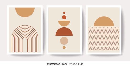 Mid Century Modern Art, Set of 3. Neutral art, minimal arch elements with Sun, sea, and rainbow. Geometric Neutral Shapes
Wall decoration, postcard or brochure design, vector illustration