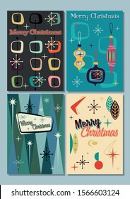 Mid Century Modern Art Style Merry Christmas Greeting Card Set, Vintage Colors and Shapes, Decorations, Stars and Snowflakes