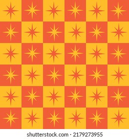 Mid Century Modern Atomic Starburst On Orange And Amber Checkered Squares Seamless Pattern. For Wallpaper, Textile, Wrapping Paper And Fabric.