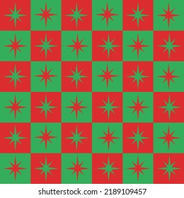  Mid Century modern atomic starburst in green and red checkered squares seamless pattern. For Christmas wrapping paper , home décor and textile