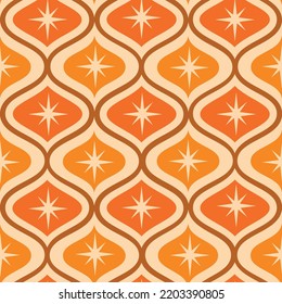  Mid Century Modern Atomic Starburst On Orange, Amber Ogee Ovals Seamless Pattern. For Home Décor, Wallpaper And Textile