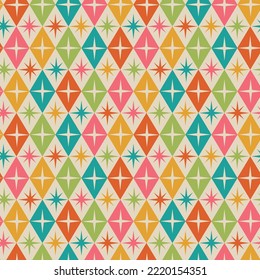  Mid century modern atomic starburst on retro diamond shapes seamless pattern in teal, green, orange, pink and yellow. For home décor, textile and fabric svg