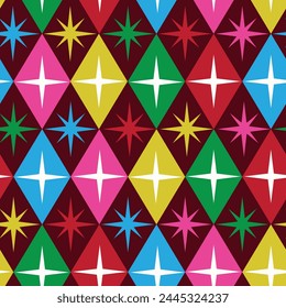 Estallido atómico moderno de mediados de siglo en Formas de diamantes retro patrón sin fisuras en azul, verde, rojo, rosa y amarillo sobre fondo oscuro. Para la decoración del hogar, textil y tela