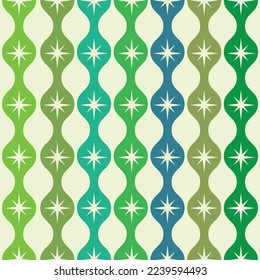 Mid century modern atomic starbursts on ogee ovals seamless pattern in mint green, lime green, teal and blue.