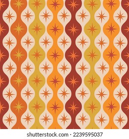  Mid century modern atomic starbursts on ogee ovals seamless pattern in orange, red, yellow and amber. For home decor, wallpaper and textile