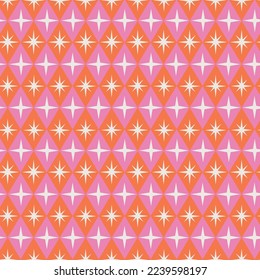  Mid century modern atomic starbursts seamless pattern on orange and pink retro diamond shapes. for home décor, wallpaper and textile