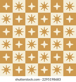 Mid century modern atomic starbursts on dark orange checkerboard  seamless pattern. For retro posters, fabric, wallpaper and home decor