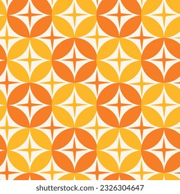 Mid century modern atomic starbursts on orange and tangerine circles seamless pattern. For home décor, wallpaper and textile	