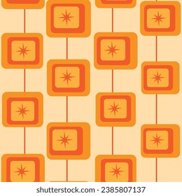 Mid century modern atomic starbursts on abstract piquet square shapes in orange, red and yellow. For wallpaper, home décor and textile 