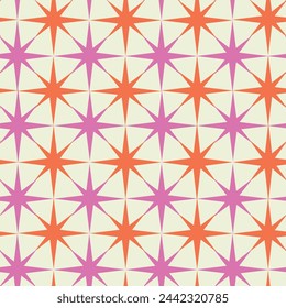 Mid Century Modern Atomic starbursts patrón sin fisuras en rosa caliente y naranja sobre fondo blanco. Para la decoración del hogar, papel pintado, textil y tela.