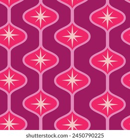 Mid century modern atomic starbursts on red ogee ovals seamless pattern. For home décor, wallpaper and textile