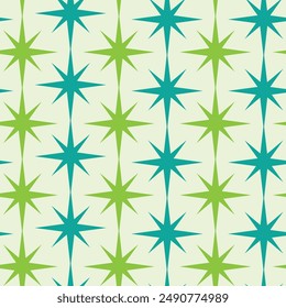 Mid Century Modern Atomic starbursts patrón sin fisuras en verde lima y verde azulado sobre fondo claro. Para decoración del hogar, textil y Fondo de pantalla.