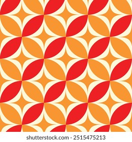Mid century modern atomic starbursts on orange and red circles seamless pattern. For home décor, wallpaper and textile