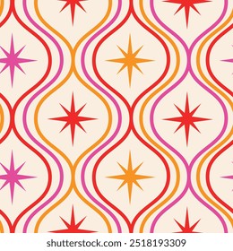 Mid century modern atomic starbursts on pink, orange and red ogee oval waves seamless pattern. For home décor, wallpaper and textile