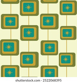 Mid century modern atomic starbursts on abstract square shapes seamless pattern in green, teal and mustard yellow on light cream background. For wallpaper, home décor and textile