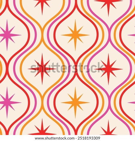 Mid century modern atomic starbursts on pink, orange and red ogee oval waves seamless pattern. For home décor, wallpaper and textile