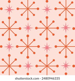 Mid Century Modern atomic stars and starbursts in orange and pink on light cream background. For home décor, wallpaper and fabric 