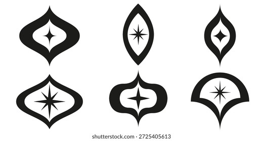 Mid century modern atomic stars inside ogee and oval shapes 9 icons set. For design elements, stickers and clip arts 