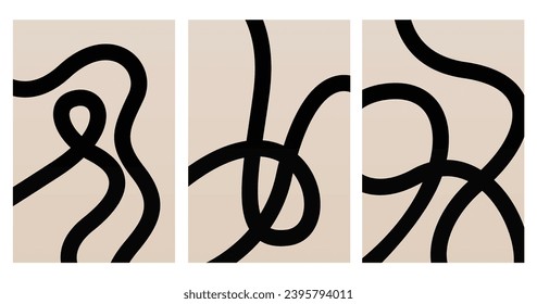 Mid Century Modern Background. Beige Black Wall Art Poster. Minimalist Lines Art.