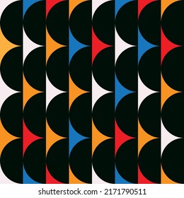 Mid century modern black abstract half circles seamless pattern over white, red, orange and blue shapes. For posters, art prints, wallpaper and home décor 