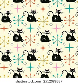 Mid Century Modern Black Atomic Cats seamless pattern with colorful starbursts on light cream background. For wallpaper, textile and home décor. 