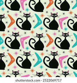 Mid Century Modern Black Atomic Cats seamless pattern with pink, orange and teal boomerangs and starbursts on white background. For wallpaper, textile and home décor.