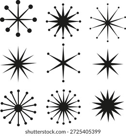 Mid Century Modern Black atomic stars and sparkles 9 icons set. For clip art, stickers and design elements 