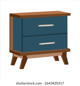 Mid Century Modern Blue Wooden Nightstand Vector Illustration – Retro Furniture Drawer Cabinet, Minimalist Side Table for Bedroom Interior, Flat Design Storage Object, Isolated on White Background

