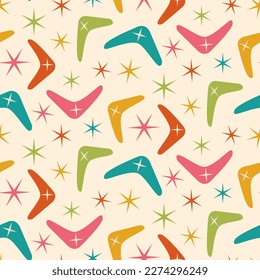 Mid Century Modern Boomerang seamless pattern with atomic retro stars in orange, teal, green, pink and yellow. For home decor, textile, wallpaper and fabric. svg