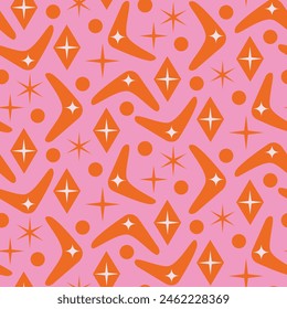 Modelo inconsútil moderno del búmeran de Mid Century con estrellas retro atómicas y puntos en naranja sobre fondo grande. Para decoración del hogar, textil, Fondo de pantalla y tela.