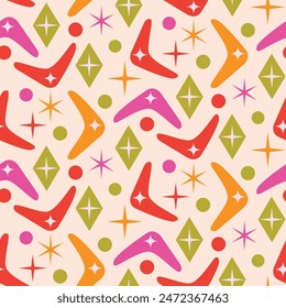 Motivo moderno de medio siglo Boomerang sin costuras con estallidos retro y diamantes en naranja, rojo, rosa y verde. Para decoración del hogar, textil, Fondo de pantalla y tela.