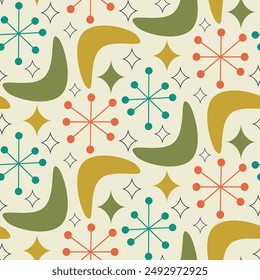 Mid Century Modern Boomerangs with atomic starbursts in olive green, mustard yellow, teal and orange on white background. For wallpaper, home décor and fabric 