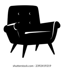 1950’s Mid Century Modern Chair Icon Glyph Solid Vector Silhouette, Lined Elements, Vector Illustration, living room furniture, beautiful elegant minimal design elements logo, black sofa couch icon