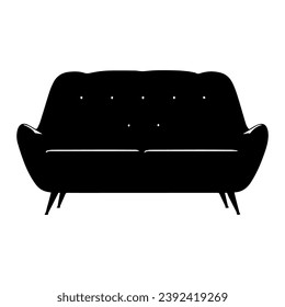 1950’s Mid Century Modern Chair Icon Glyph Solid Vector Silhouette, Lined Elements, Vector Illustration, living room furniture, beautiful elegant minimal design elements logo, black sofa couch icon