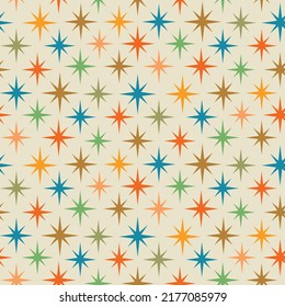 Mid Century Modern Colorful Atomic Starburst In Blue, Green, Yellow, Orange And Coral. For Wallpaper, Home Décor, Fabric And Textile 