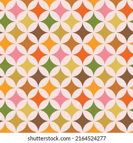 Mid century modern colorful starburst on white circles seamless pattern. For textile, home décor and fabric   