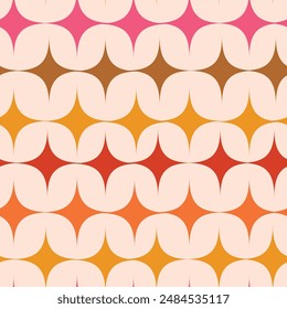 Mid Century modern colorful starbursts in brown, orange, red and pink on white background seamless pattern. For textile, home décor and Wallpaper 