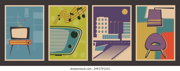 Mid Century Modern Commercial Posters Style Illustrations, 1950s - 1960s Shapes and Colors. TV Set, Radio, City, Armchair, Floor Lamp