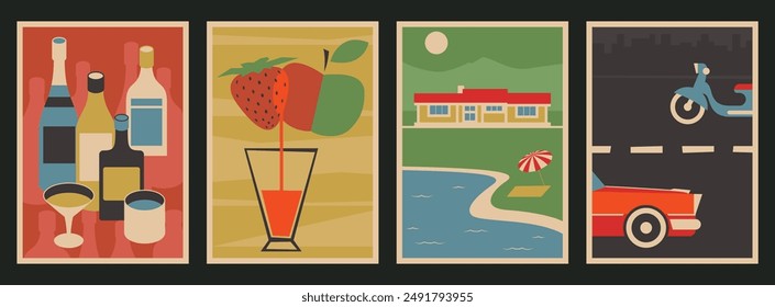 Mid Century Modern Commercial Posters Style Illustrations, 1950s - 1960s Shapes and Colors. Bottles and Glasses, Fresh Fruits, Lake House, Car and Scooter